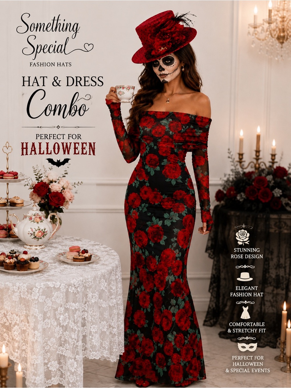 NWOT Off-Shoulder Red Rose Maxi Dress & Fashion Hat Combo 🌹 Maxi Dress stretchy